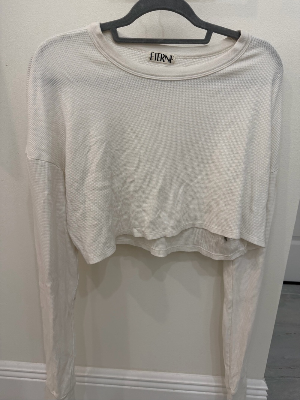 Eterne White Cropped Waffle Long Sleeve Top